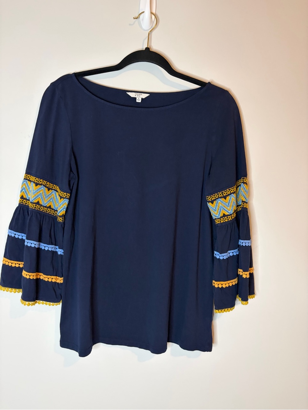 crown & ivy Navy Embroidered Bell-Sleeve Tunic